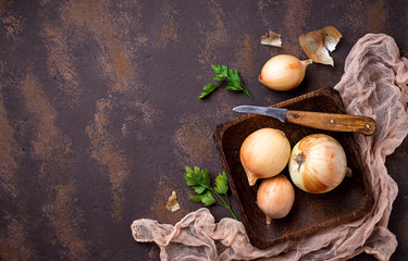 Raw onions on rusty background