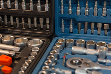 Set of tools in box close-up. Industry