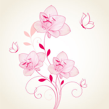 Floral background with flowers amaryllis and butterflies. Element for design.