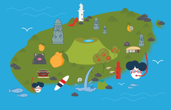 Jeju island map in a cartoon style. Jeju-do map with various Jeju symbols.