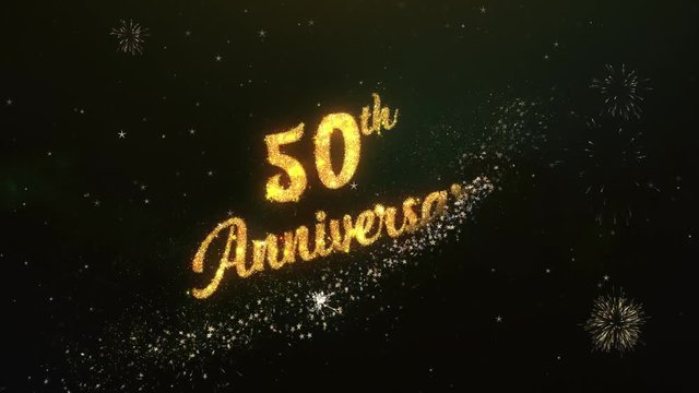 50th Anniversary Greeting Text Made from Sparklers Light Dark Night Sky With Colorfull Firework.

