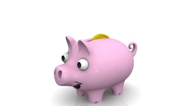 Монета с символом российского рубля падает в свинку-копилку