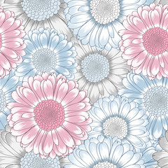 Beautiful abstract seamless hand drawn floral pattern with gerbera flowers. Vector illustration. Element for design.