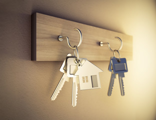 Hausschlüssel am Schlüsselbrett - obrazy, fototapety, plakaty