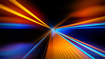 Motion speed lights. Speed motion on the neon glowing road at dark. Speed motion on the road. Colored light streaks acceleration. Abstract illustration. Orange and Blue motion streaks. Space gates.