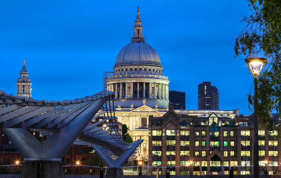 The nighttime view of the dome of Saint Paul's Cathedral, City of London.