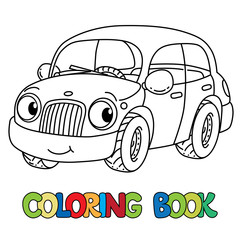Fototapeta premium Funny small car with eyes. Coloring book
