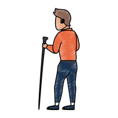Colorful man with trekking pole doodle over white background vector illustration