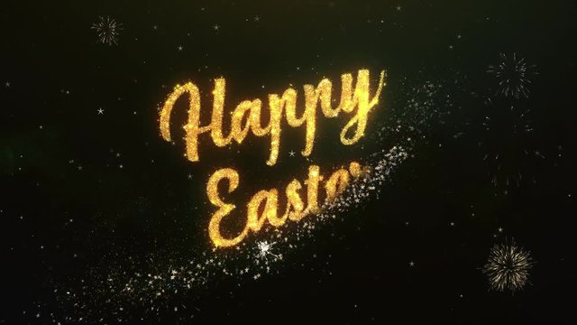 Happy Easter Greeting Text Made from Sparklers Light Dark Night Sky With Colorfull Firework.
