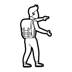 Flat line uncolored male backpacker over white background vector illustration