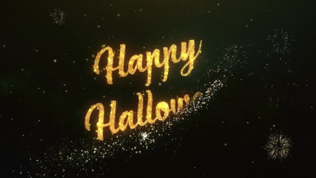 Happy Halloween Greeting Text Made from Sparklers Light Dark Night Sky With Colorfull Firework.
