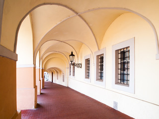 Old historical arcade in Loretanska Street near Prague Castle, Prague, Czech Republic.