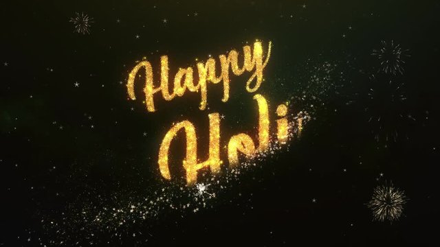 Happy Holi Greeting Text Made from Sparklers Light Dark Night Sky With Colorfull Firework.
