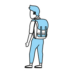 Flat line monocromatic male backpacker over white background vector illustration