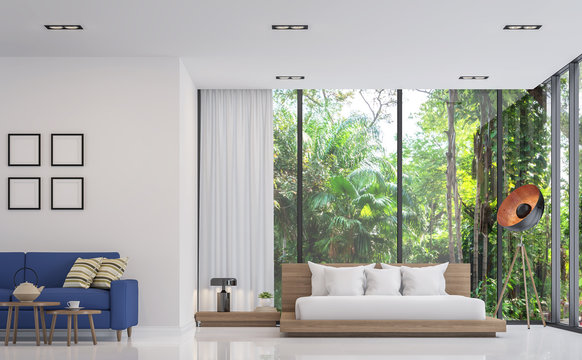 Modern white bedroom and living room with nature view 3d render image.There are white floor .There are large window overlooking to the garden and nature and furnished with wood furniture