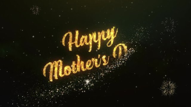 happy mothers day Greeting Text Made from Sparklers Light Dark Night Sky With Colorfull Firework.
