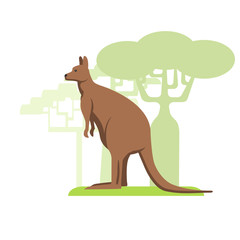 Australian kangaroo, flat image on white background, silhouettes of trees