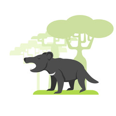 Animal called Tasmanian devil, flat image on white background, silhouettes of trees