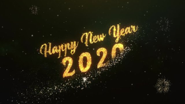 Happy New Year 2020 Greeting Text Made from Sparklers Light Dark Night Sky With Colorfull Firework.
