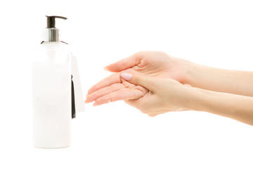 Hand cream with dispenser female hands