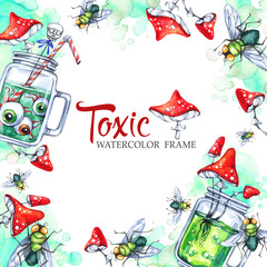 Hand drawn square frame with watercolor glass cups with potion, amanitas and flies. Halloween holiday illustration. Funny food and drink. Poisonous treat. Symbol of horror.