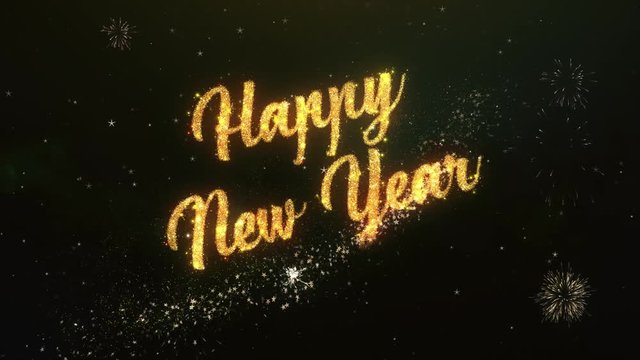 Happy New Year Greeting Text Made from Sparklers Light Dark Night Sky With Colorfull Firework.
