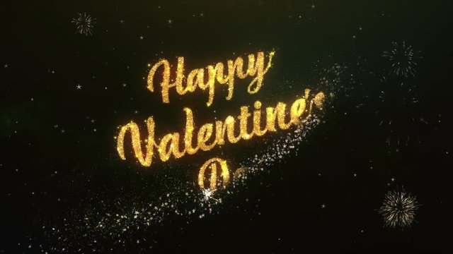 Happy Valentines Day Greeting Text Made from Sparklers Light Dark Night Sky With Colorfull Firework.
