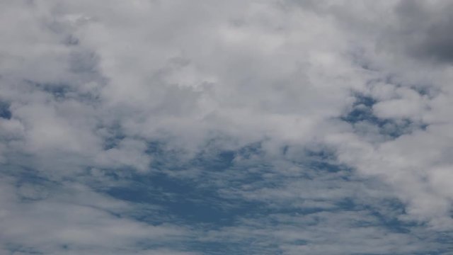 Skyscape or cloudscape. Blue sky with white clouds moving across it. Weather. Time lapse. 4K ProRes HQ codec