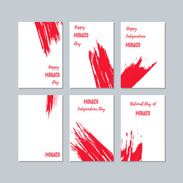 Monaco Patriotic Cards for National Day. Expressive Brush Stroke in National Flag Colors on white card background. Monaco Patriotic Vector Greeting Card.