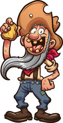 Happy old cartoon prospector holding a piece of gold. Vector clip art illustration with simple gradients. All in a single layer. 