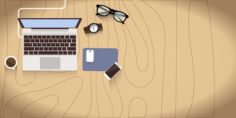 Realistic workplace organization. Top view with wood textured table, laptop, smartphone, glasses,watch, and coffee mug. Work desk for office with stationery elements on the table