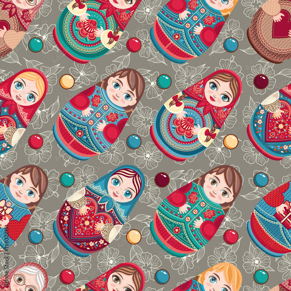 Wall mural Russian souvenir. Matryoshka - babushka doll. Seamless pattern. Vector