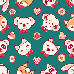 Cute pets. Seamless pattern. Colorful background with characters.