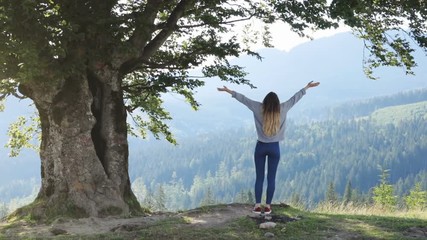 Young woman jumping mountain top back full view jump raised hands stretching having fun enjoying summer vacation cheerful freedom inspiration winning atmospheric wild nature place rejoice recreation