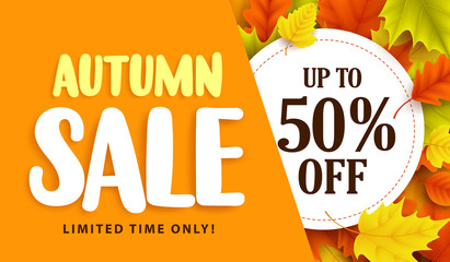Autumn sale banner design with discount label in colorful autumn leaves background for fall season shopping promotion. Vector illustration.
