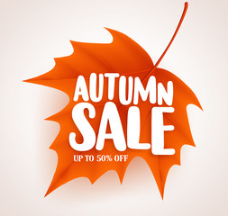 Orange autumn leaf with sale text in white background vector banner design for fall seasonal marketing promotion. Vector illustration.
