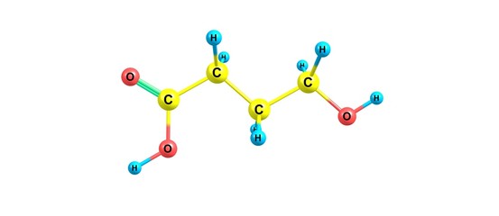 Hydroxybutyric acid molecular structure isolated on white