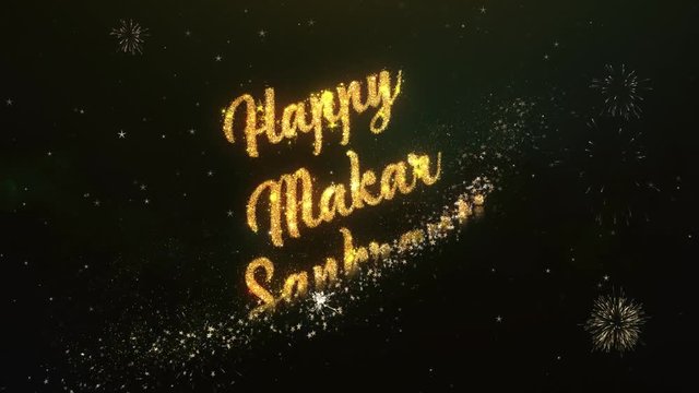 Happy Makar Sankranti Greeting Text Made from Sparklers Light Dark Night Sky With Colorfull Firework.

