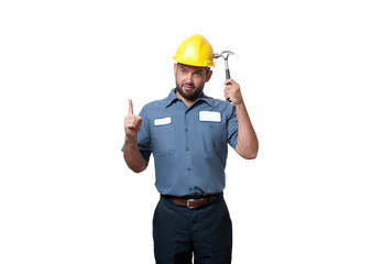  Man in uniform and yellow helmet with hammer