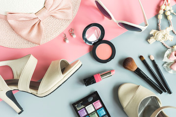women cosmetics and fashion items with copy space