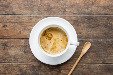 coffee time , instant coffee white cup on wood table , coffee break style on old wood and copy space
