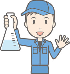 Illustration that a man wearing work clothes has a flask