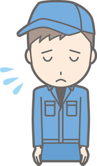 Illustrations of a man wearing work clothes apologize