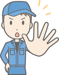 Illustration that a man wearing work clothes has one hand open