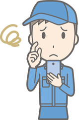 An illustration in which a man wearing work clothing has a smartphone