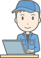 Illustration that a man wearing work clothes is operating a laptop computer