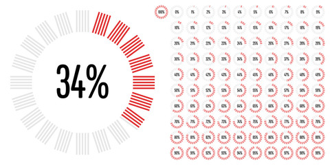 Fototapeta premium Set of circular sector percentage diagrams from 0 to 100 ready-to-use for web design, user interface (UI) or infographic - indicator with red