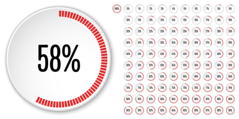Set of circular sector percentage diagrams from 0 to 100 ready-to-use for web design, user interface (UI) or infographic - indicator with red