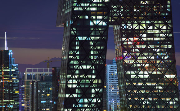 Downtown district scenery at night,Beijing,China.