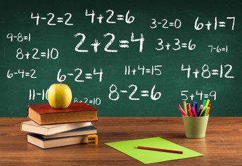 School blackboard with pile of books